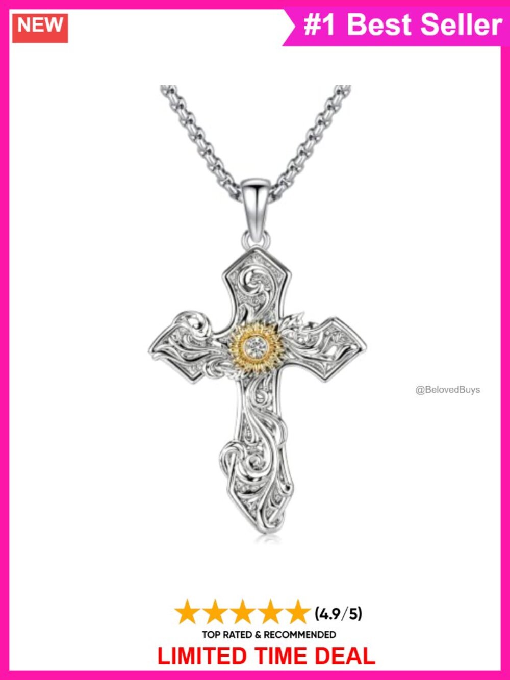 Sunflower Cross Pendant Necklace Inlay Faith Jewelry Gift